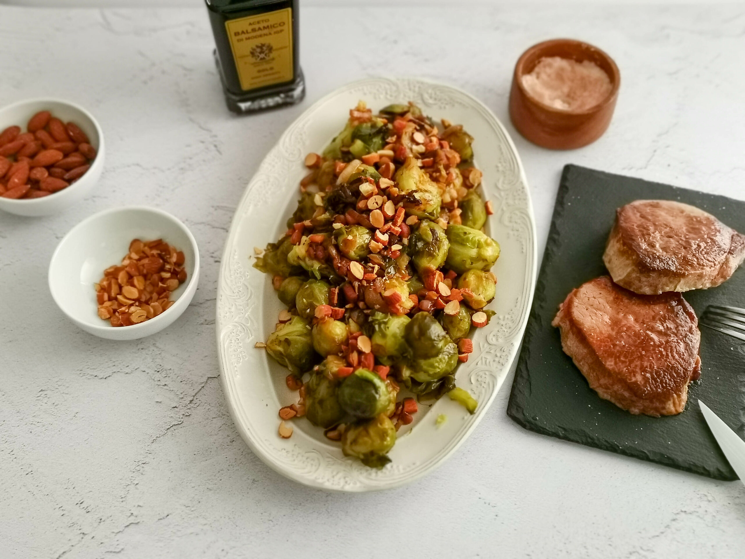 brussels sprouts bacon recipe with Angus beef medallions