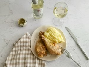 easy chicken dinner with white balsamic vinegar and EVOO mashed potatoes