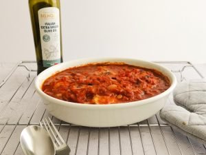 chicken with tomato sauce is out of the oven