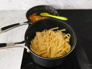 drained fettucce pasta