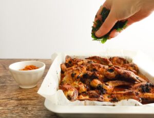 adding fresh parsley to baked Italian chicken wings