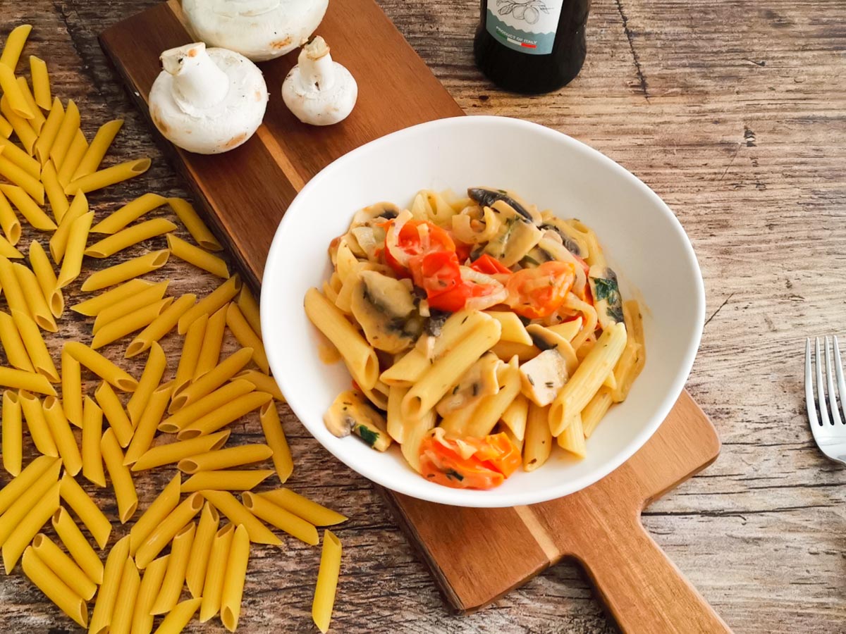 tomato mushroom pasta with Italian extra virgin olive oil