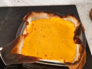 baked polenta block out of the oven