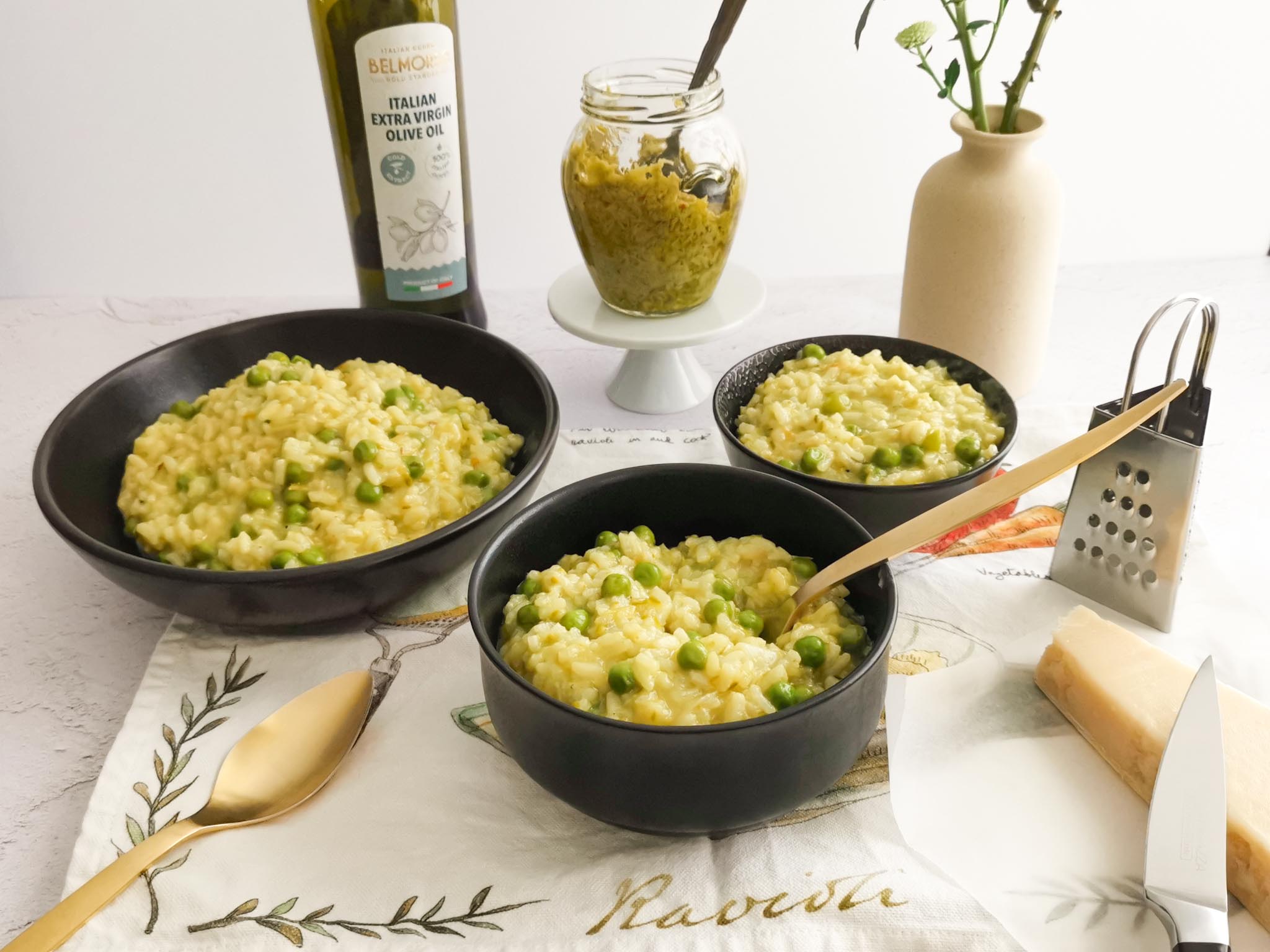 green pea risotto with cream of asparagus