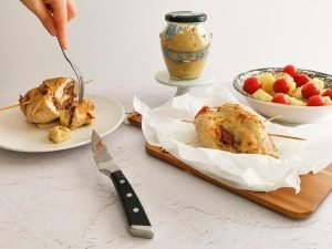 tasting stuffed chicken with mozzarella