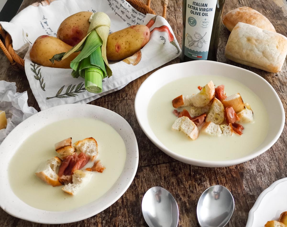 Italian leek and potato soup with olive oil croutons and crispy prosciutto