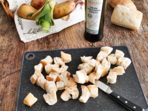 croutons with EVOO for leek and potato soup