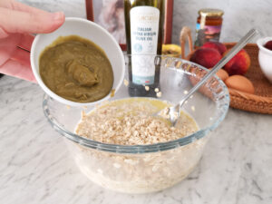 Summer baked oatmeal with pistachio butter