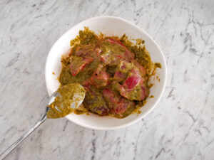 pistachio pesto beef skewers