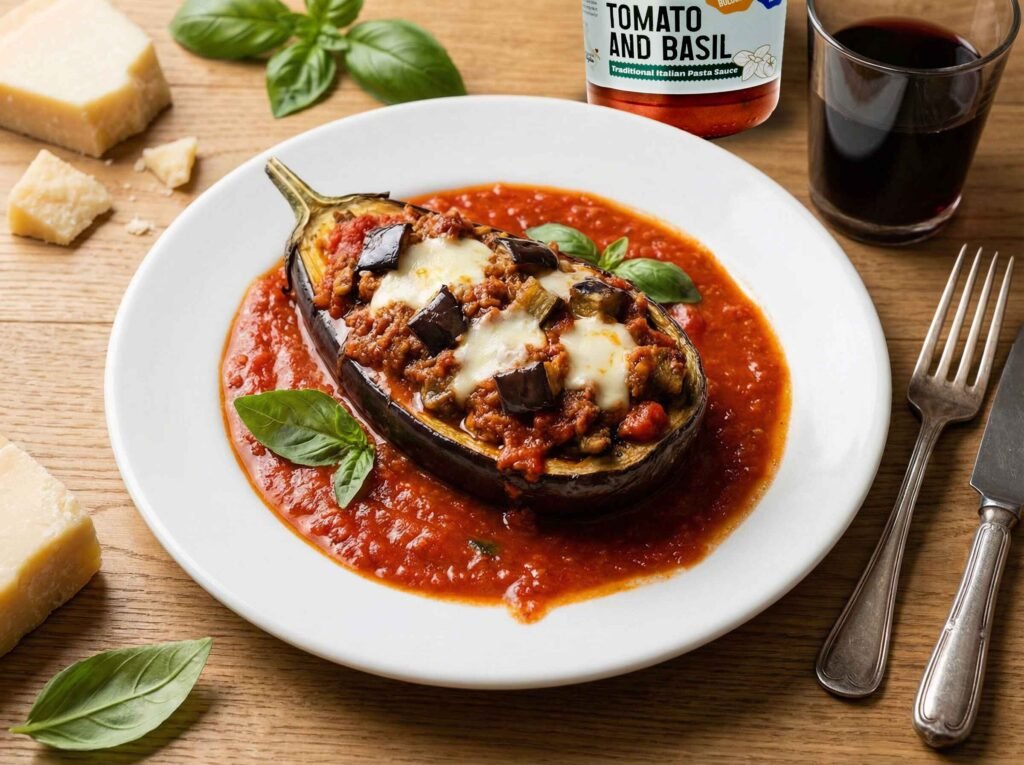 stuffed aubergines with tomato sauce
