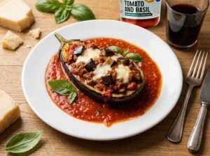 stuffed aubergines with tomato sauce