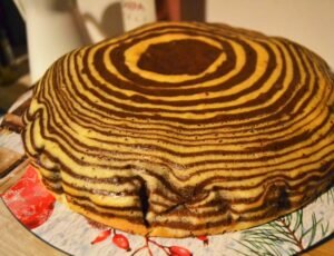 zebra cake with swirled white and chocolate batter